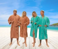 Pánské a dámské župany střihu kimono v tyrkysové a okrové barvě