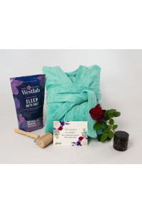 Relaxační wellness sada - tyrkysový župan, koupelová sůl, dřevěný masážní váleček, aromatická svíčka a dárková karta
