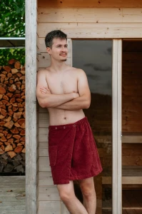 Pánská bavlněná wellness sada – župan s kapucí, kilt a osuška, Vínová