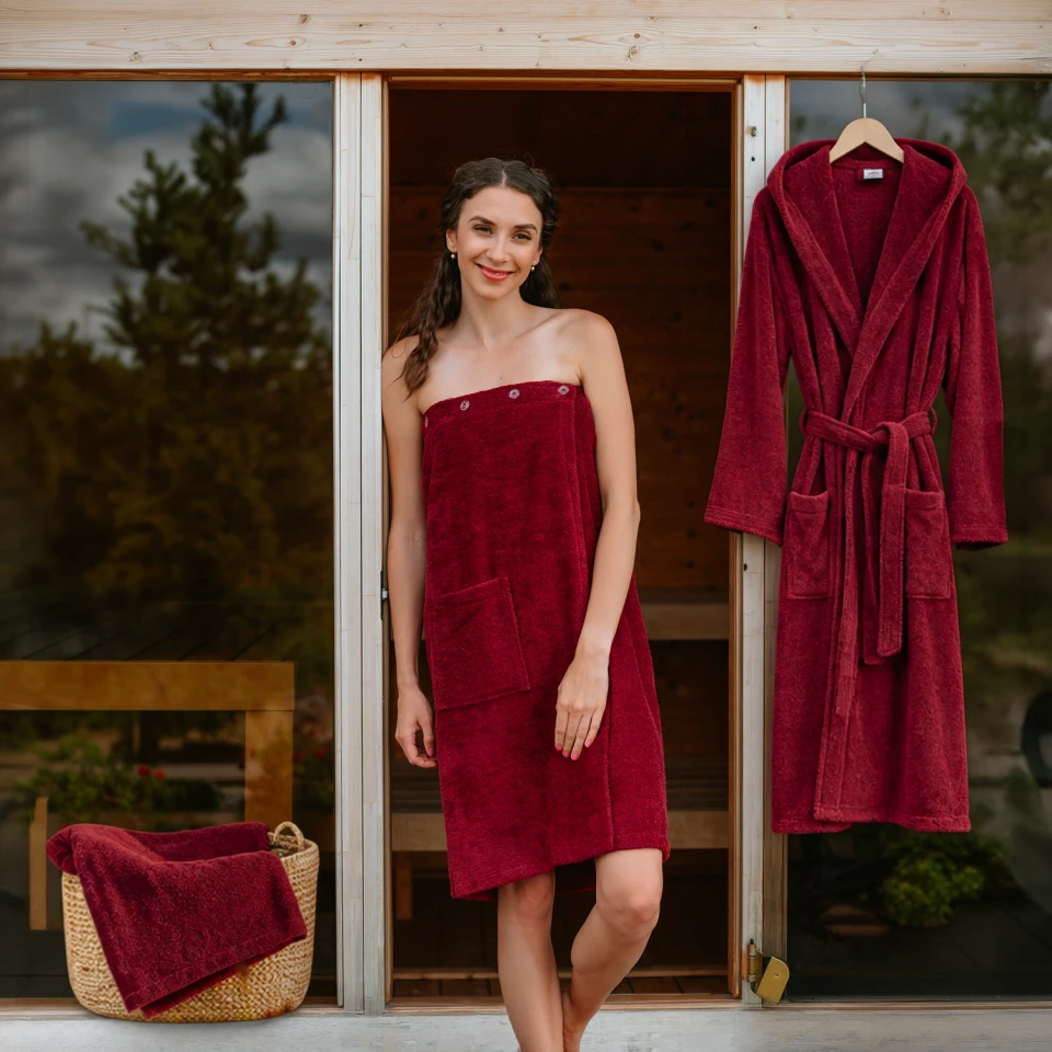 Dámská bavlněná wellness sada – župan s kapucí, kilt a osuška, Vínová