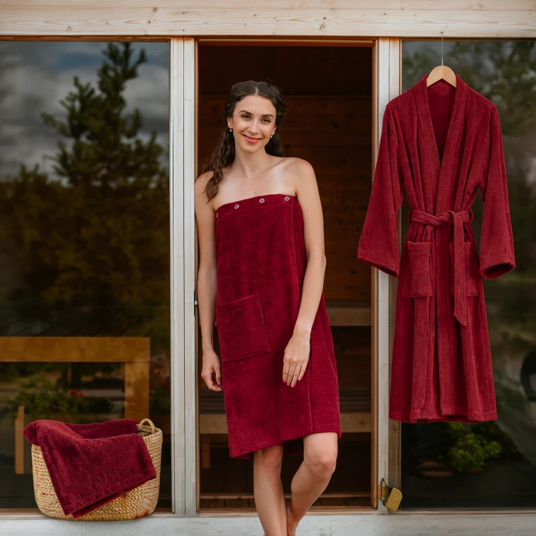 Dámská bavlněná wellness sada – župan kimono, kilt a osuška, Vínová