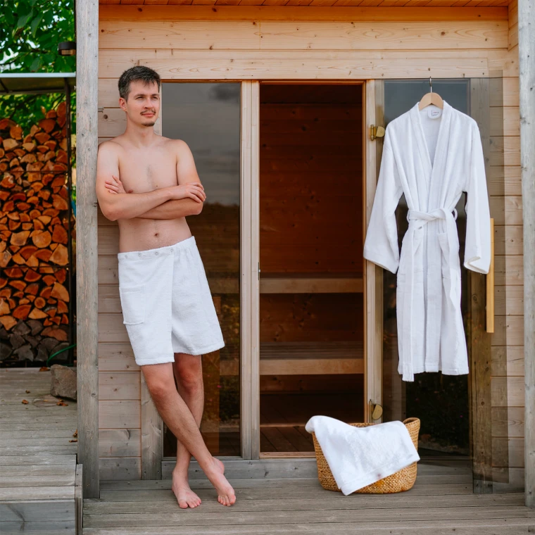 Pánská bavlněná wellness sada – župan kimono, kilt a osuška, Bílá