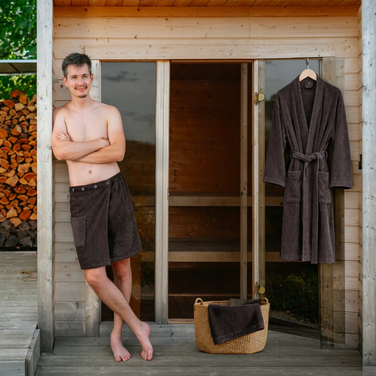 Pánská bavlněná wellness sada – župan kimono, kilt a osuška, Hořká čokoláda