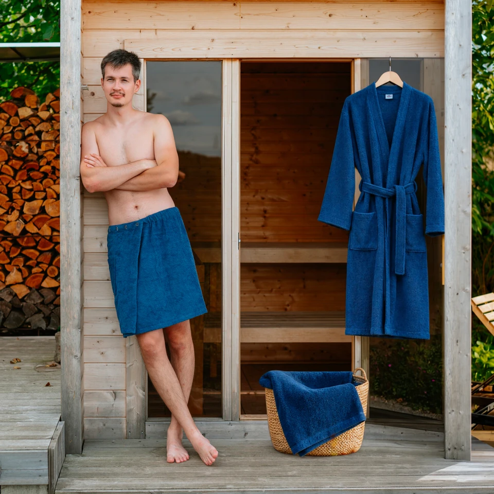 Pánská bavlněná wellness sada – župan kimono, kilt a osuška, Námořnická modř