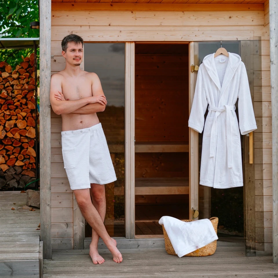 Pánská bavlněná wellness sada – župan s kapucí, kilt a osuška, Bílá