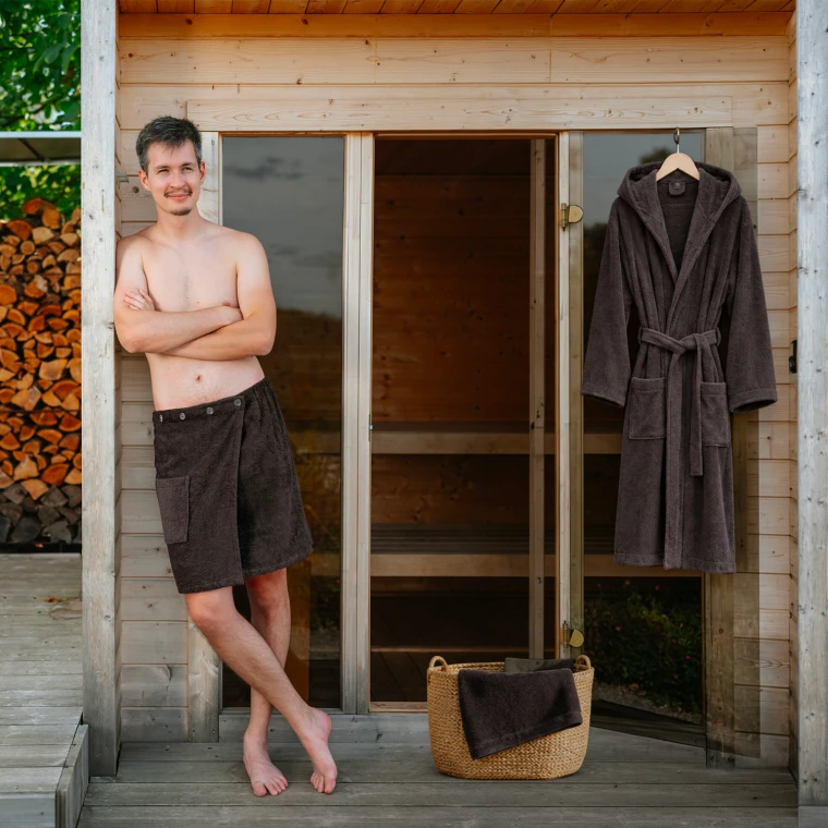 Pánská bavlněná wellness sada – župan s kapucí, kilt a osuška, Hořká čokoláda