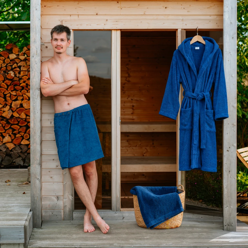 Pánská bavlněná wellness sada – župan s kapucí, kilt a osuška, Námořnická modř