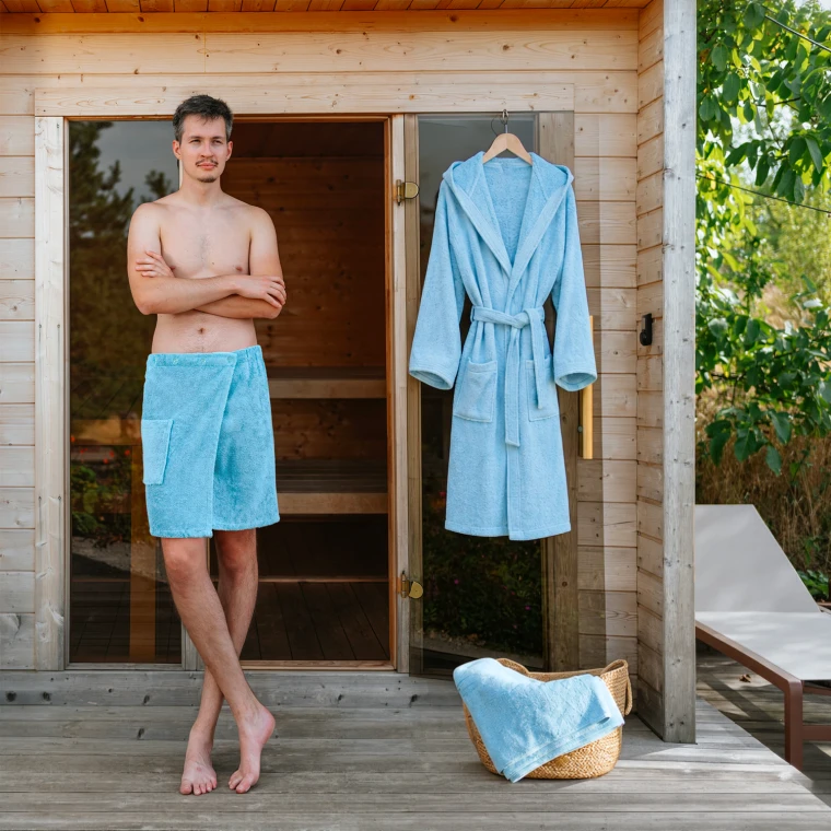 Pánská bavlněná wellness sada – župan s kapucí, kilt a osuška, Světlá modř