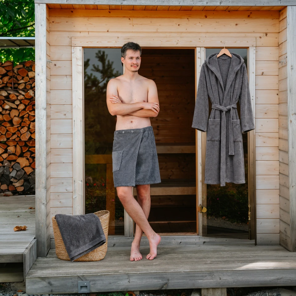 Pánská bavlněná wellness sada – župan s kapucí, kilt a osuška, Tmavě šedá