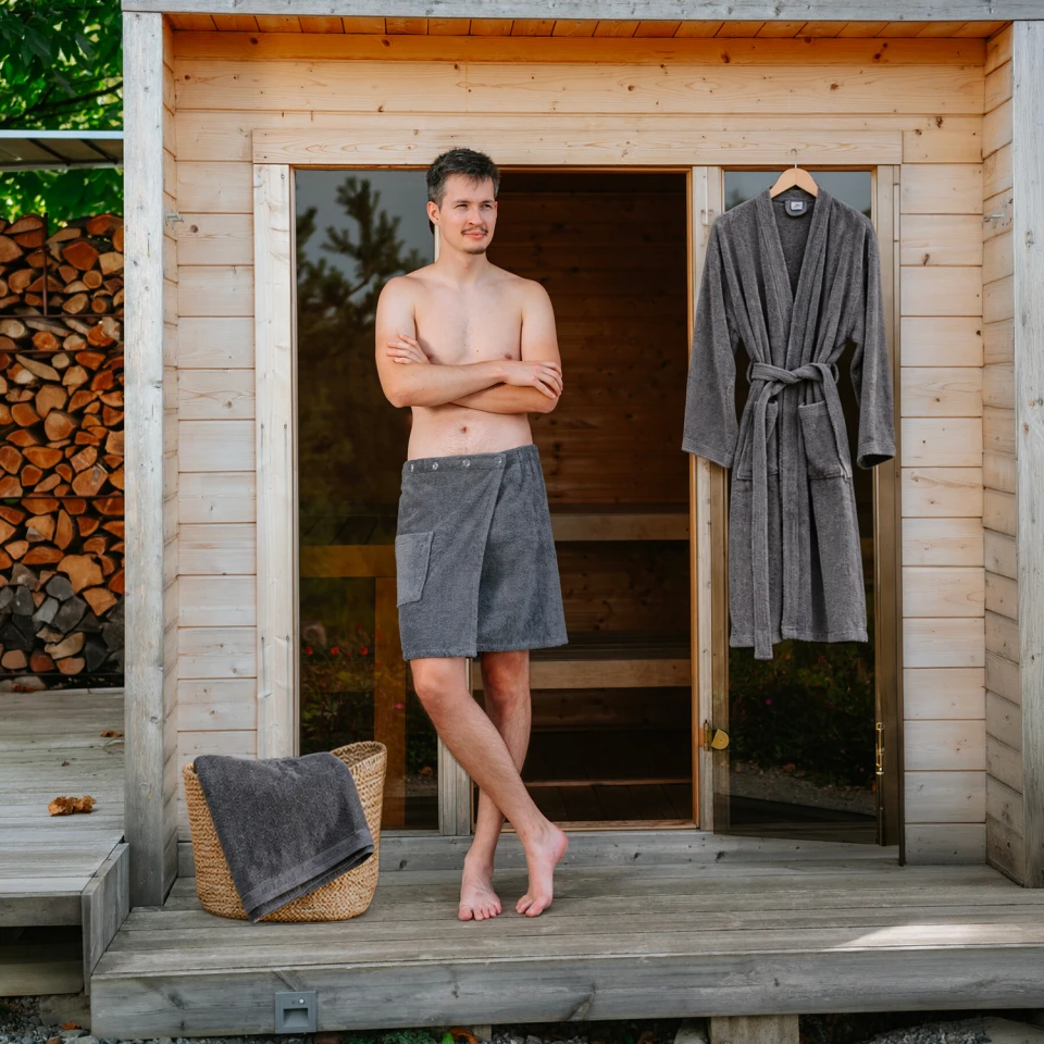 Pánská bavlněná wellness sada – župan kimono, kilt a osuška, Tmavě šedá