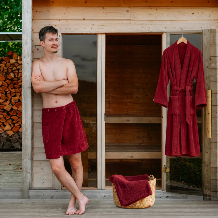 Pánská bavlněná wellness sada – župan kimono, kilt a osuška, Vínová