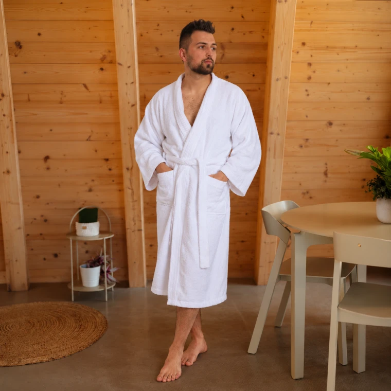 Pánský froté župan Kimono, Bílá