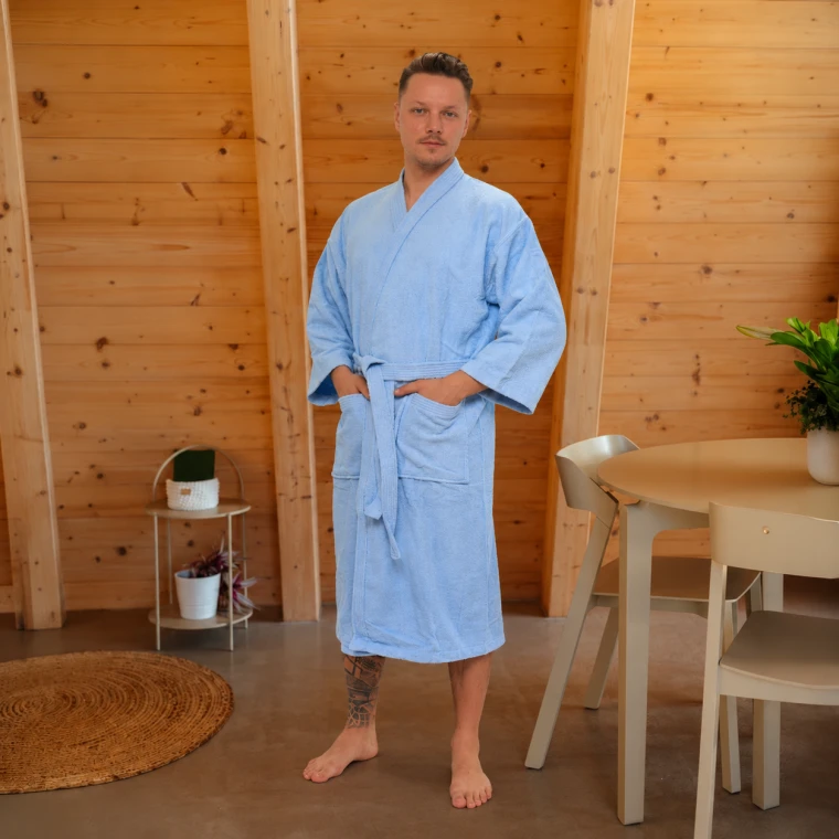 Pánský froté župan Kimono, Světlá modř