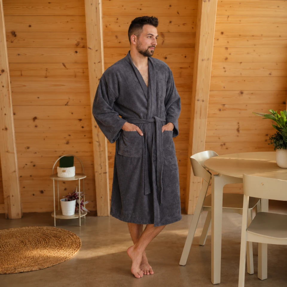 Pánský froté župan Kimono, Tmavě šedá