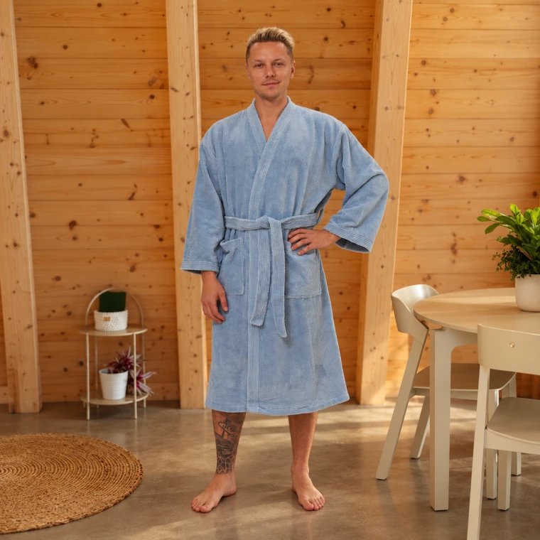 Pánský župan z mikro veluru Kimono, Mlžná modř