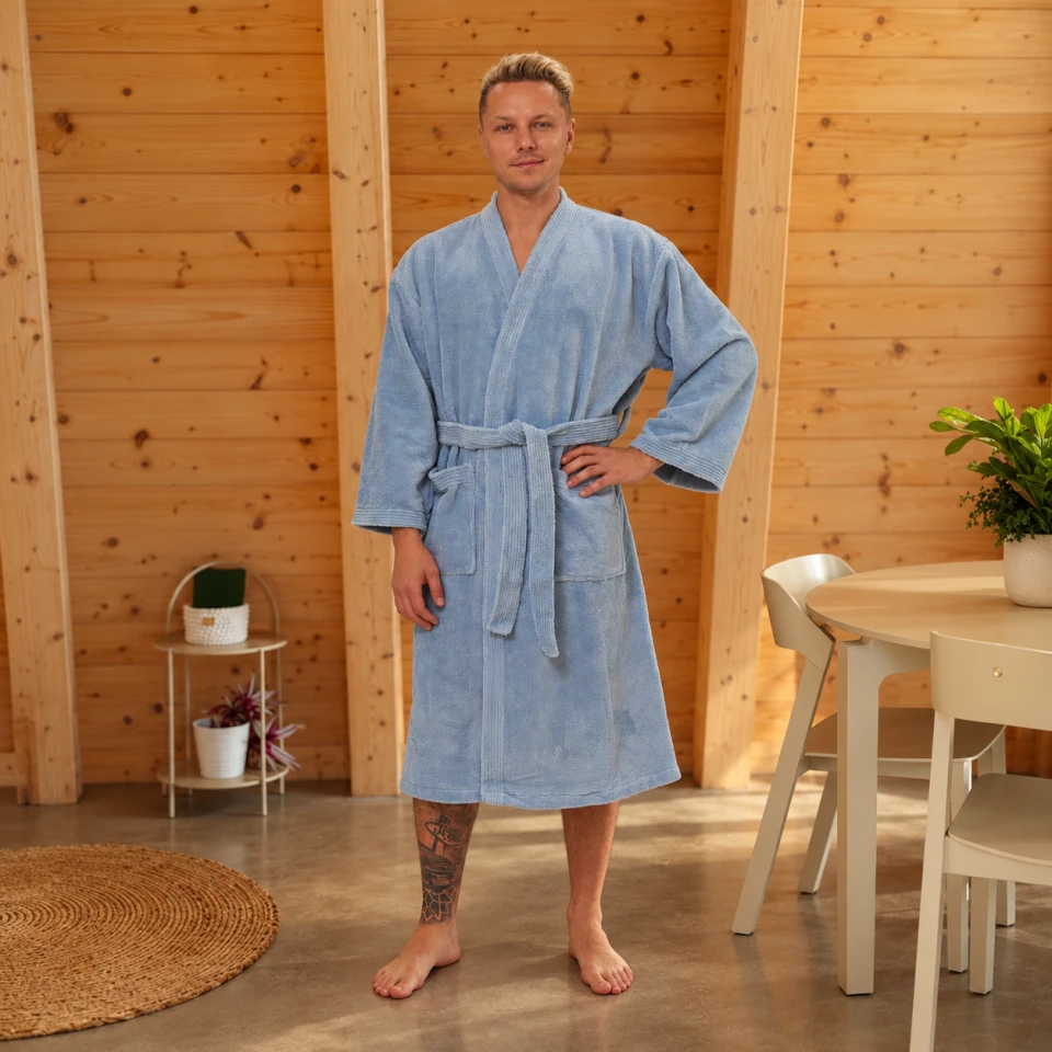 Pánský župan z mikro veluru Kimono, Mlžná modř