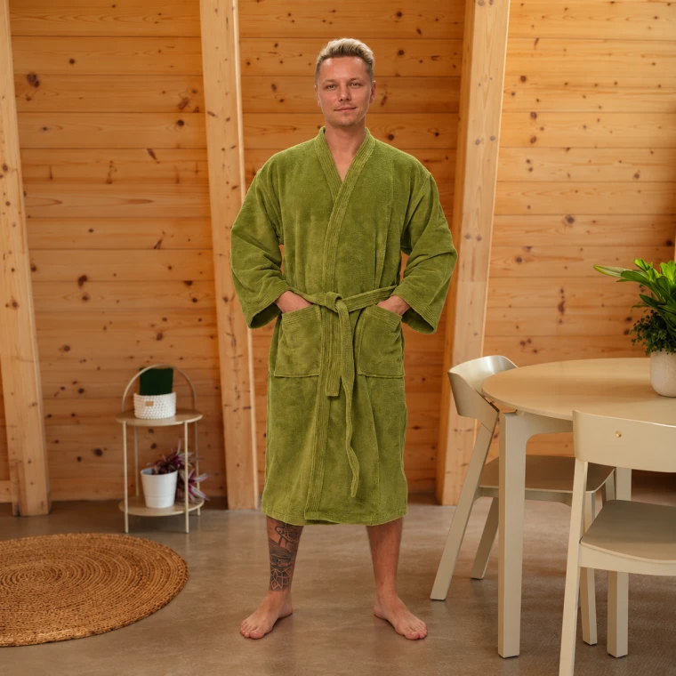 Pánský župan z mikro veluru Kimono, Olivově zelená