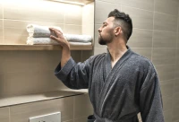Pánský froté župan střihu kimono tmavě šedý zblízka v koupelně