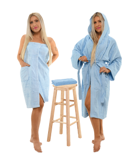 Sada Light Blue: župan s kapucí + dámský saunový kilt + osuška