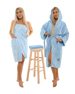 Sada Light Blue: župan s kapucí + dámský saunový kilt + osuška