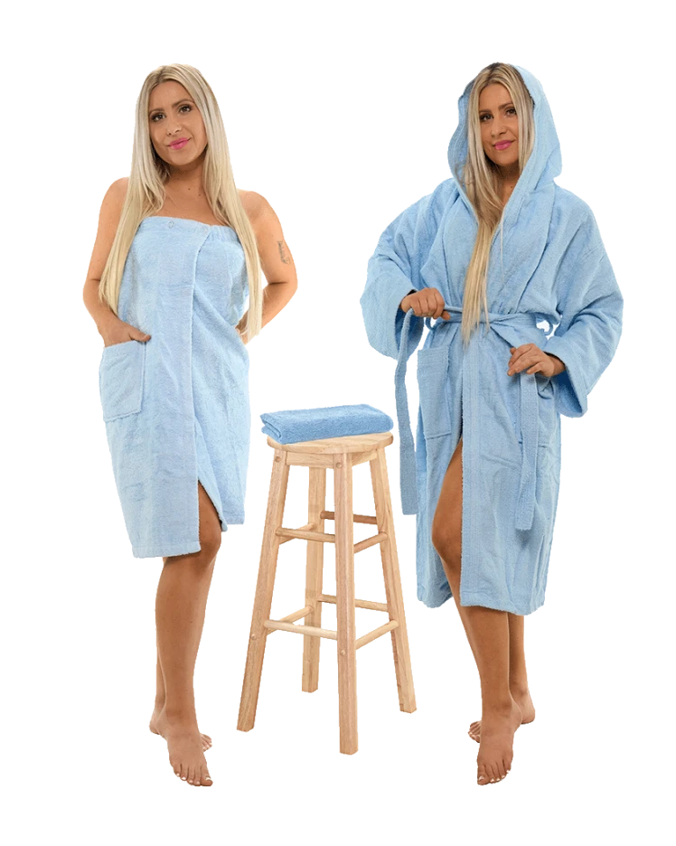 Sada Light Blue: župan s kapucí + dámský saunový kilt + osuška