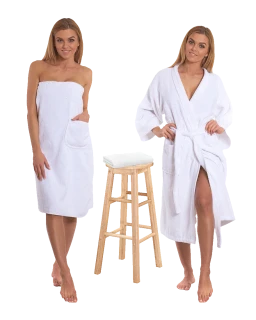 Sada White: župan KIMONO + dámský saunový kilt + osuška