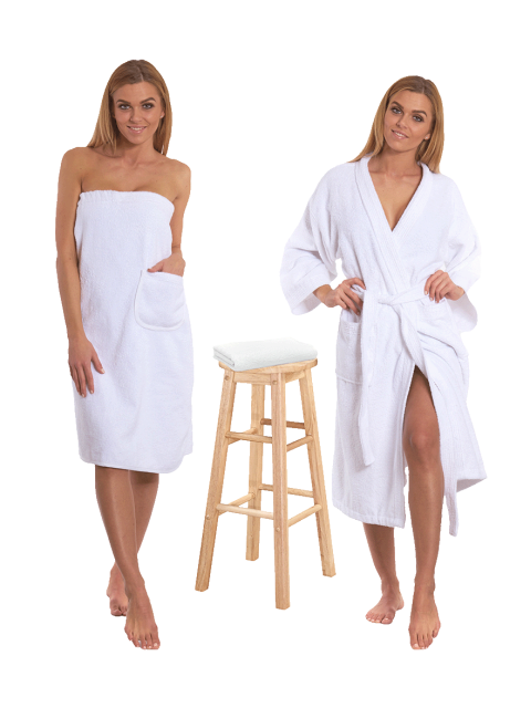 Sada White: župan KIMONO + dámský saunový kilt + osuška