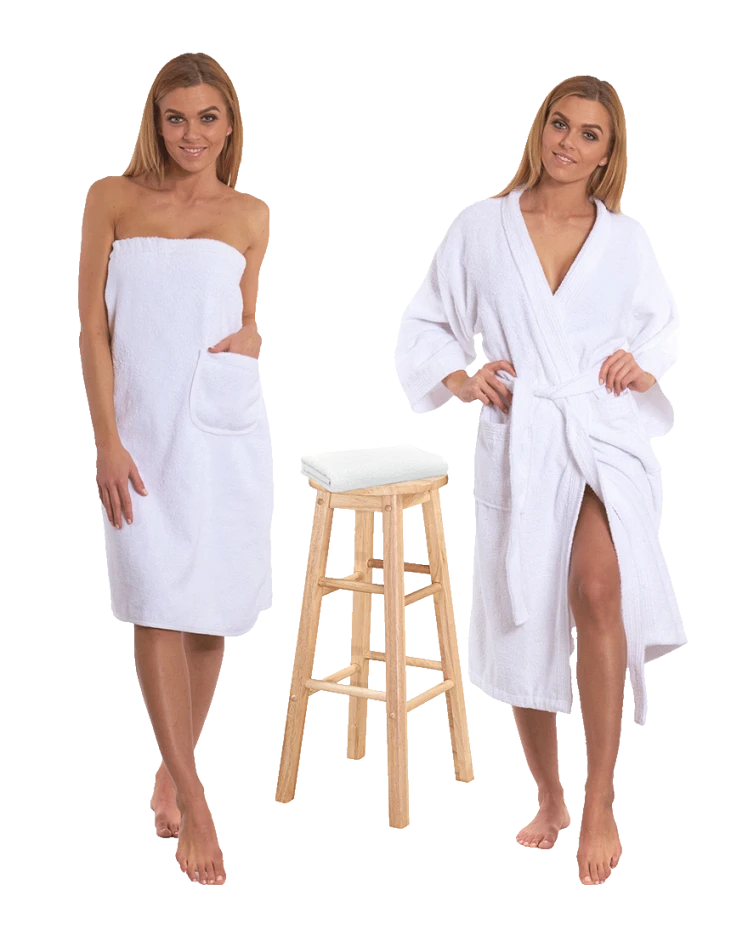 Sada White: župan KIMONO + dámský saunový kilt + osuška