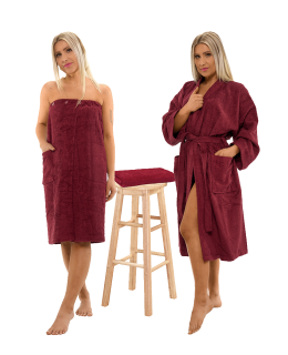 Sada Bordeaux: župan KIMONO + dámský saunový kilt + osuška