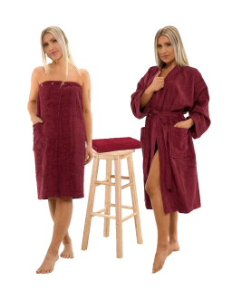 Sada Bordeaux: župan KIMONO + dámský saunový kilt + osuška