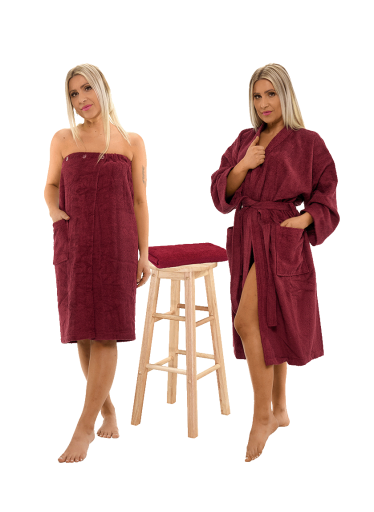 Sada Bordeaux: župan KIMONO + dámský saunový kilt + osuška