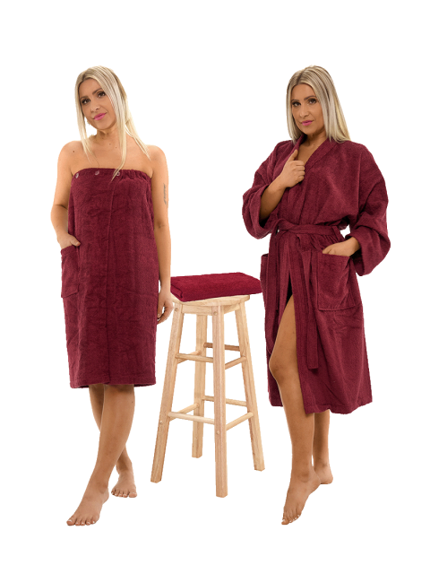 Sada Bordeaux: župan KIMONO + dámský saunový kilt + osuška
