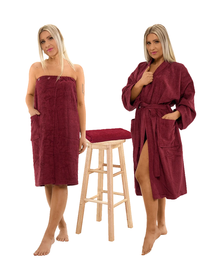 Sada Bordeaux: župan KIMONO + dámský saunový kilt + osuška