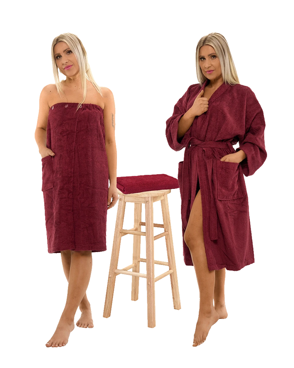Sada Bordeaux: župan KIMONO + dámský saunový kilt + osuška
