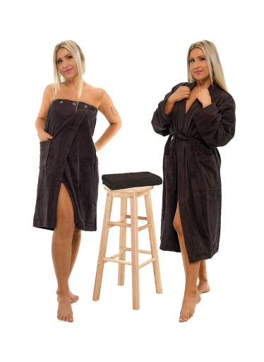 Sada Black Chocolate: župan KIMONO + dámský saunový kilt + osuška