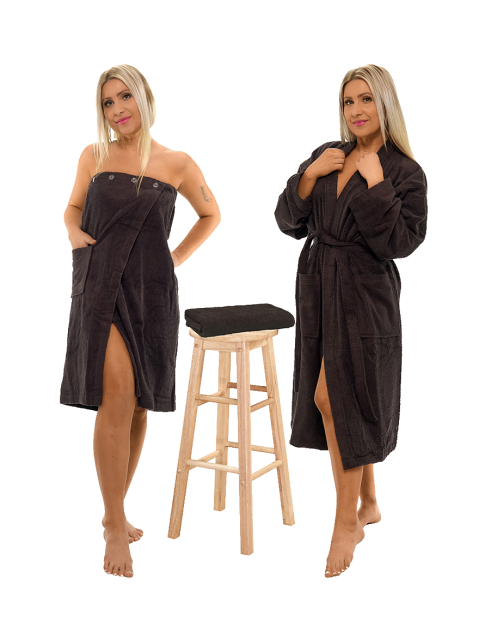Sada Black Chocolate: župan KIMONO + dámský saunový kilt + osuška