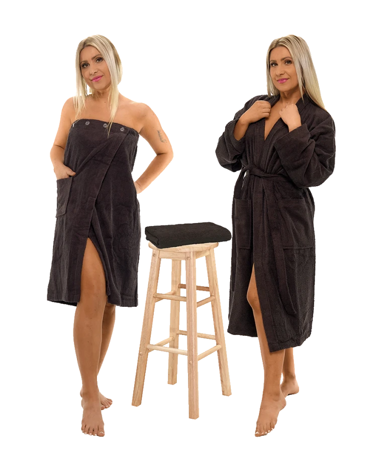 Sada Black Chocolate: župan KIMONO + dámský saunový kilt + osuška