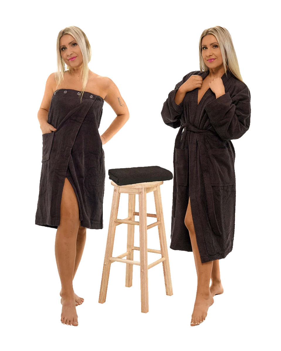 Sada Black Chocolate: župan KIMONO + dámský saunový kilt + osuška