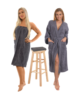 Sada Dark Grey: župan KIMONO + dámský saunový kilt + osuška