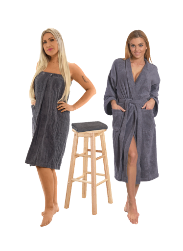 Sada Dark Grey: župan KIMONO + dámský saunový kilt + osuška