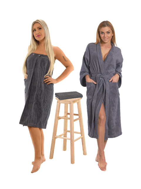 Sada Dark Grey: župan KIMONO + dámský saunový kilt + osuška