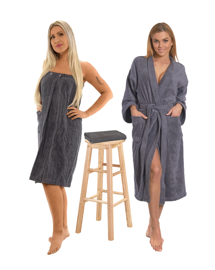 Sada Dark Grey: župan KIMONO + dámský saunový kilt + osuška