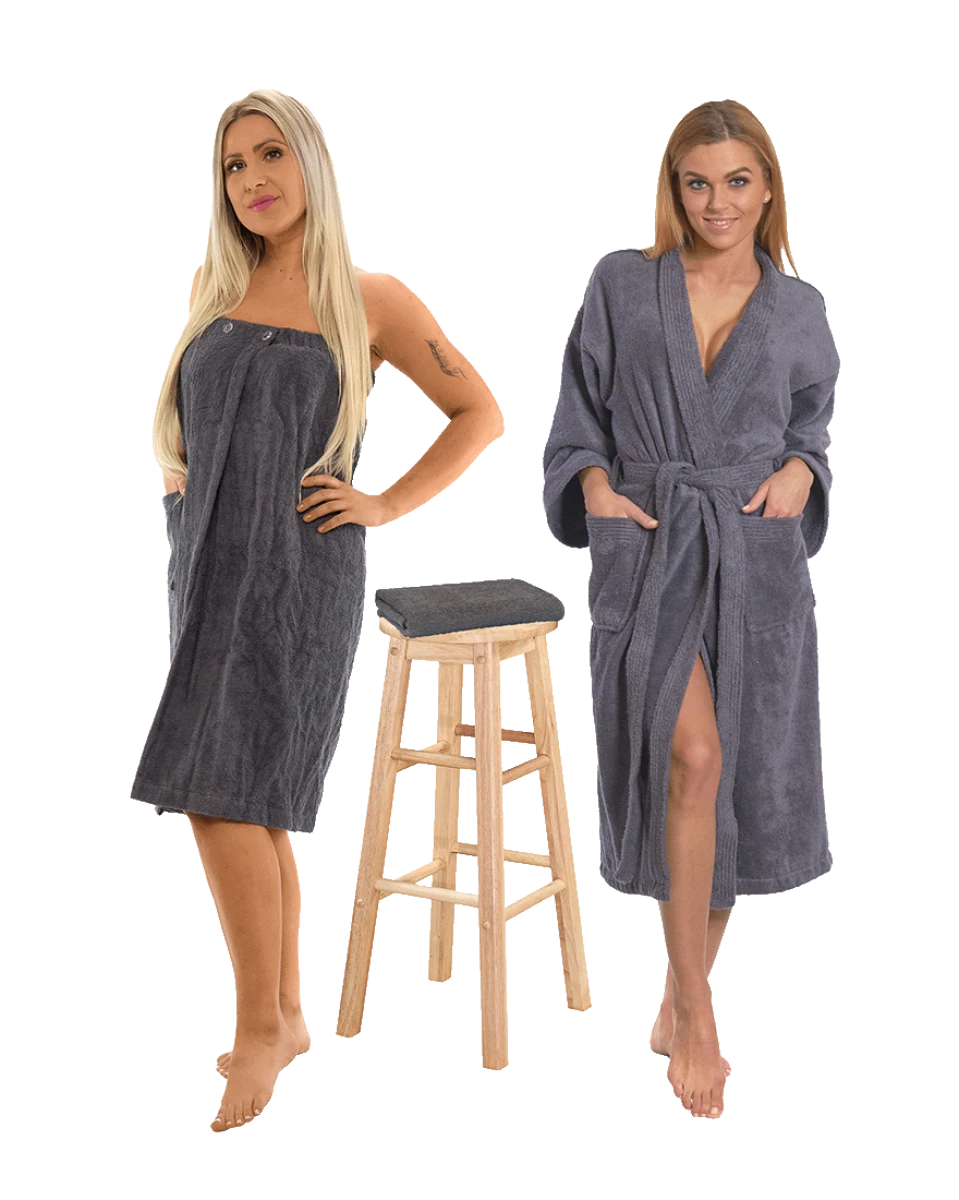 Sada Dark Grey: župan KIMONO + dámský saunový kilt + osuška