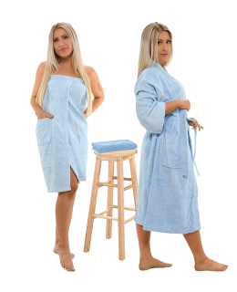 Sada Light Blue: župan KIMONO + dámský saunový kilt + osuška