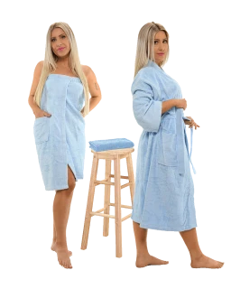 Sada Light Blue: župan KIMONO + dámský saunový kilt + osuška