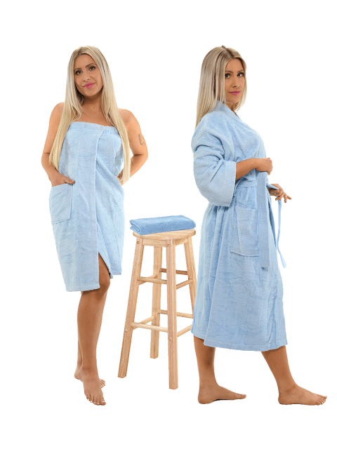 Sada Light Blue: župan KIMONO + dámský saunový kilt + osuška