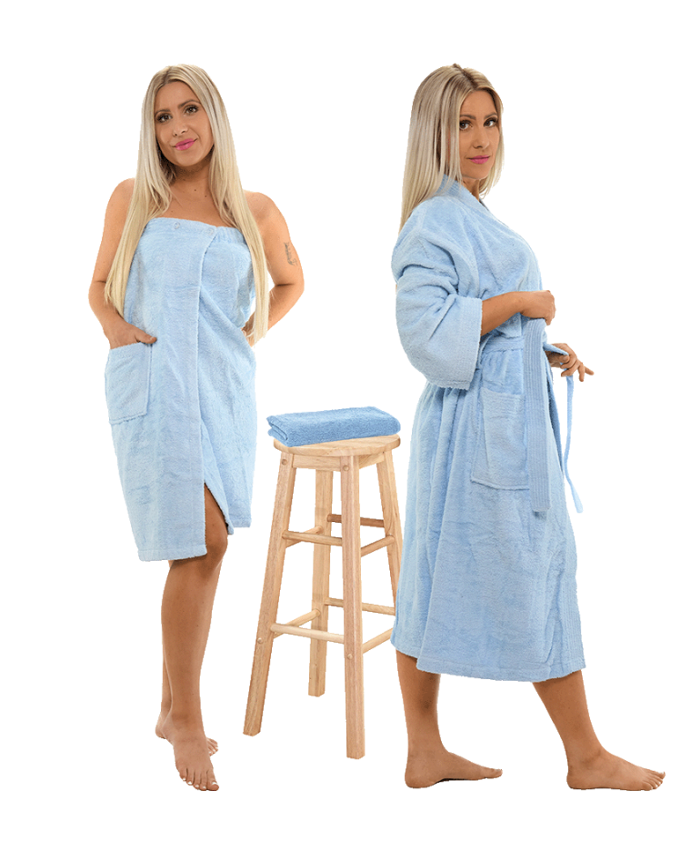 Sada Light Blue: župan KIMONO + dámský saunový kilt + osuška