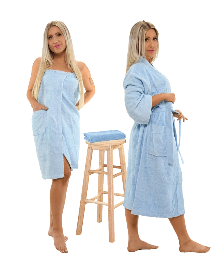Sada Light Blue: župan KIMONO + dámský saunový kilt + osuška