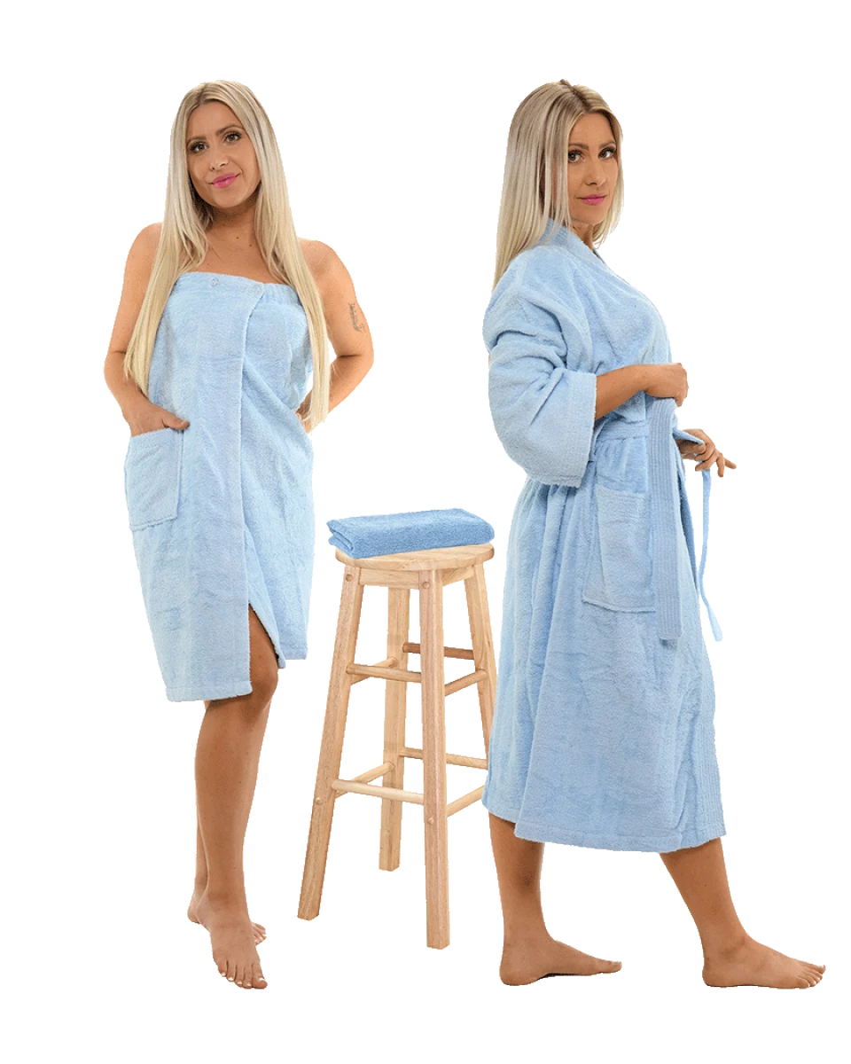 Sada Light Blue: župan KIMONO + dámský saunový kilt + osuška