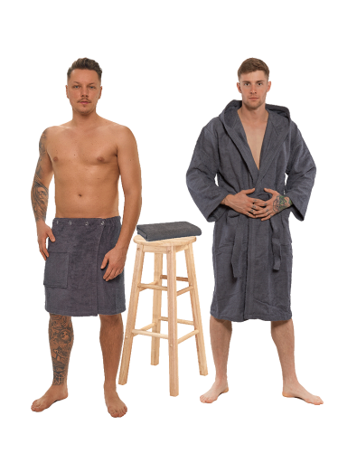 Sada Dark Grey: župan s kapucí + pánský saunový kilt + osuška